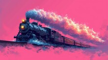 A Painting Of A Train On A Train Track With Smoke Coming Out Of The Top Of The Train And A Bright Pink Sky Above The Train Is A Pink Background.