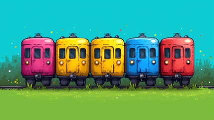 Wall Mural -  a row of colorful train cars sitting next to each other on a green grass covered field in front of a blue sky and green grass covered with yellow and blue sky.