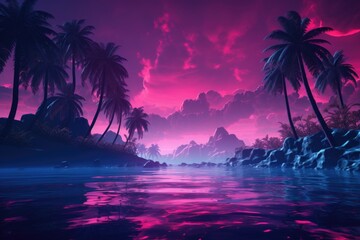 Poster - A beautiful tropical island with palm trees against a stunning pink sky. Perfect for travel or vacation themes