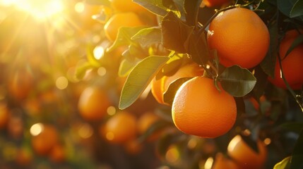 Wall Mural -  a bunch of oranges hanging from a tree with the sun shining through the leaves and the sun shining through the branches of the oranges, in the foreground.