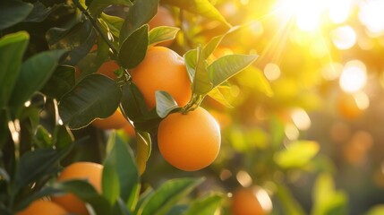 Wall Mural -  a tree filled with lots of oranges on top of it's branches with the sun shining through the leaves on the top of the branches of the oranges.