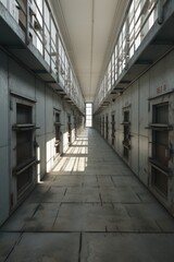 Poster - A long hallway in a jail cell block. Perfect for illustrating the interior of a prison or confinement facility.