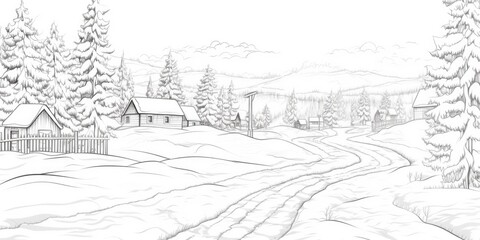 Poster - A drawing of a snowy landscape with a house and trees. Suitable for winter-themed designs