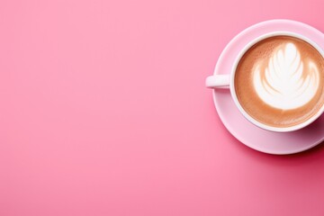 Poster - A cup of coffee on a saucer placed on a pink surface. Suitable for various coffee-related themes and concepts