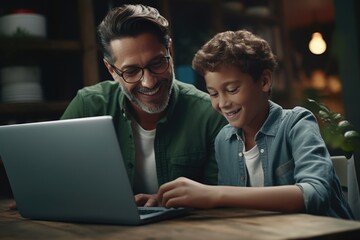 Aufkleber - A man and a boy looking at a laptop screen. Suitable for technology and education concepts