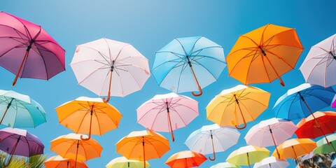 Poster - Colorful umbrellas suspended in mid-air, creating a vibrant and lively scene. Perfect for adding a pop of color and excitement to any project or design