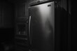 A black and white photo of a refrigerator in a kitchen. Suitable for use in home improvement articles or interior design blogs