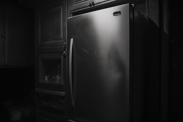 Aufkleber - A black and white photo of a refrigerator in a kitchen. Suitable for use in home improvement articles or interior design blogs