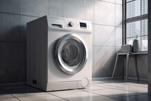 Modern Washing Machine With Electric Motor, White With Black Inserts, And Shadowed Gray Letters