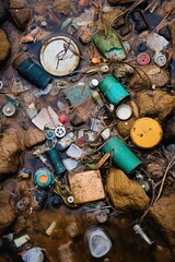 Poster - A bunch of trash floating in water. Can be used to depict pollution or environmental issues
