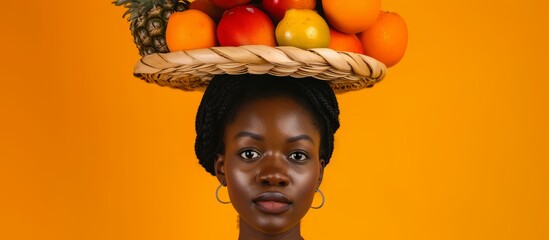 Canvas Print - A young African American woman with a basket of exotic fruits balances it on her head as she gazes at the camera, positioned on an orange backdrop.