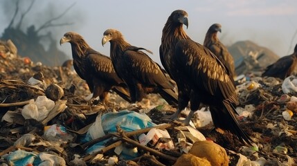 Poster - A group of birds standing on top of a pile of trash. Suitable for environmental and pollution-related themes