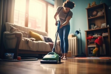 Wall Mural - A woman is using a vacuum cleaner to clean the floor. Suitable for household cleaning and maintenance purposes