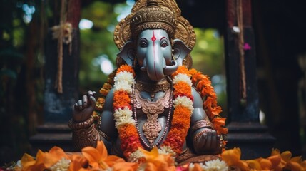 Poster - A statue of an elephant surrounded by beautiful flowers. Perfect for adding an elegant touch to any space