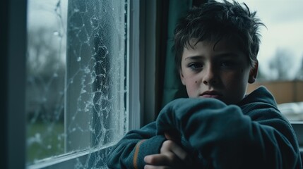 Poster - A young boy standing by a window, looking outside. Perfect for illustrating curiosity and daydreaming