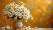  A Vase Filled With White And Yellow Daisies On A Lace Covered Table Cloth Next To A Yellow And White Wall With Yellow And White Flowers In The Center Of The Vase.