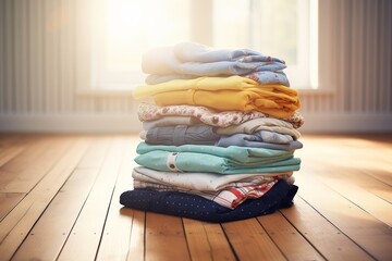 daylight shining on a stack of kids clothes on a wooden floor