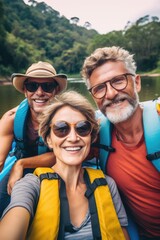 Poster - A group of people riding on top of a boat. Suitable for travel and adventure themes