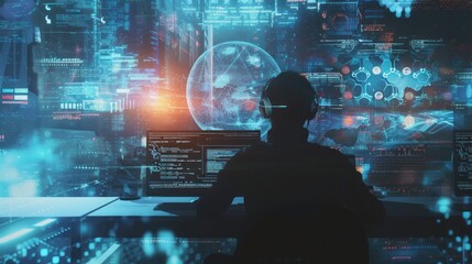 A human engages with futuristic holographic interface technology