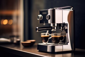 Poster - A coffee machine sitting on a counter. Suitable for use in cafes, kitchens, and coffee-related content
