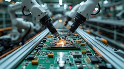 Poster - Advanced High Precision Robot Arms on Fully Automated Assembly Line Inside Modern Electronics Factory, Electronic Devices Production Industry, Component Installation on Circuit Board. Generative AI.