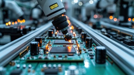 Poster - Advanced High Precision Robot Arms on Fully Automated Assembly Line Inside Modern Electronics Factory, Electronic Devices Production Industry, Component Installation on Circuit Board. Generative AI.