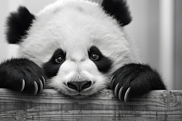 Poster - A captivating black and white photo showcasing a panda bear. Perfect for nature enthusiasts and animal lovers