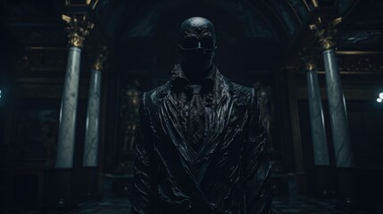 Poster - A man standing in a dark room wearing a mask. This image can be used to portray mystery or anonymity