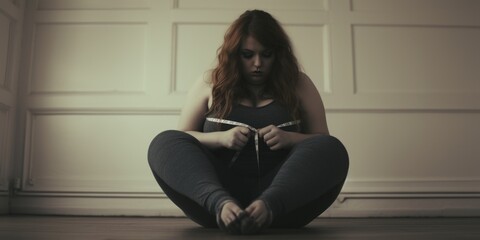 Aufkleber - A woman sitting on the floor, holding a measuring tape. Perfect for fitness, weight loss, and body measurement concepts