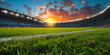 Football, soccer stadium. Close-up of soccer field grass at sunset with stadium seats in the backdrop