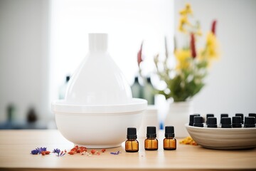 Poster - essential oil bottles arranged around a white ceramic bowl