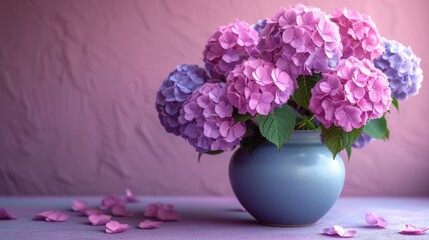 Wall Mural -  a blue vase filled with pink and purple flowers on a purple tablecloth with petals scattered on the floor and a pink wall behind the vase with a pink wall in the background.