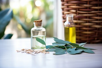 Poster - glass bottle of eucalyptus oil near fresh eucalyptus leaves