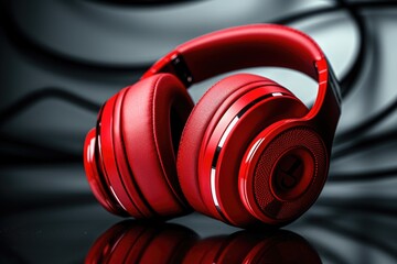 Aufkleber - Red headphones placed on top of a table. Suitable for technology or music-related projects