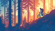 An amazing scene of a mountain biker stand on a downhill bike with low saddle. In the Woods
