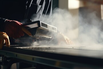 Wall Mural - A person is cooking something on a grill using a red glove. This image can be used to showcase outdoor cooking or barbecuing