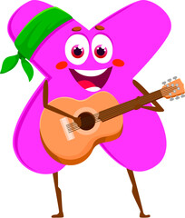 Aufkleber - Cartoon funny math number multiplication sign character. Isolated vector whimsical cross symbol personage with smiling face, round eyes, and a mischievous grin, wearing bandana and playing on guitar