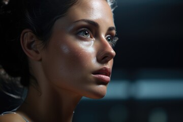 Aufkleber - A close-up photograph of a woman's face against a dark background. This image can be used for various purposes