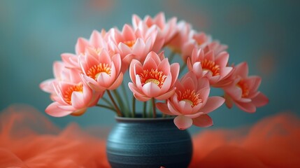 Sticker -  a blue vase filled with pink flowers on top of a bed of red ruffles on top of a bed of red and teal table cloth on a blue background.