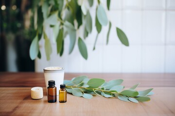 Wall Mural - eucalyptus essential oil next to eucalyptus leaves