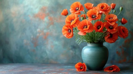 Poster -  a blue vase filled with orange flowers on top of a table next to a green vase with red flowers on top of a blue table next to a blue wall.