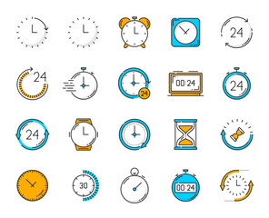 Poster - Timer clock color outline icons. Alarm, stopwatch, calendar timer. Time management alarm clock and interval timer countdown or computer interface hourglass, wristwatch line vector pictograms set