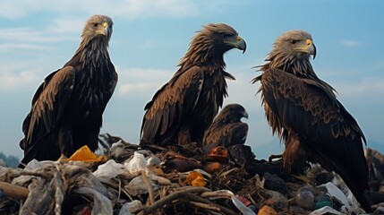 Poster - A group of birds sitting on top of a pile of trash. Suitable for environmental themes and the impact of pollution