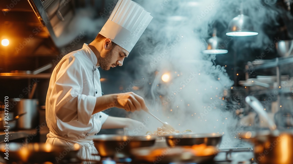 Chef preparing meat cutlet burgers in fast food restaurant kitchen for takeaway orders