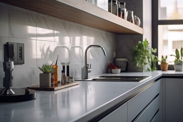 A simple and functional kitchen with a sink and a window. Suitable for home improvement projects or interior design concepts