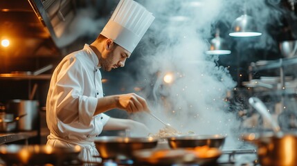 Chef preparing meat cutlet burgers in fast food restaurant kitchen for takeaway orders