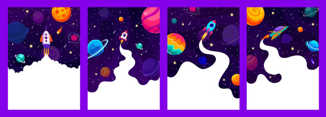 Poster - Spaceship rocket launch, business fast start up posters for startup project, vector background. Business start up or innovation idea and company strategy launch posters with galaxy planets in space