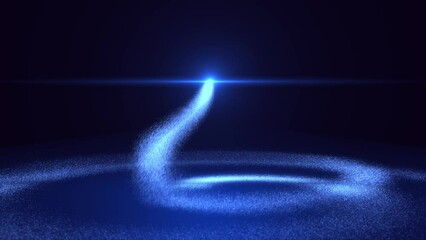 Poster - Bright blue neon glowing fast moving bright particles. Light trace of a wave. Particle movement effect. Animation of a magical vortex path on a blue background. Magic sand. 4k 