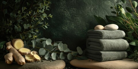 Sticker - Spa towel stack on black table on bathroom interior.