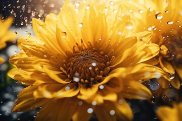 Poster - A vibrant yellow flower with sparkling water droplets. Perfect for nature enthusiasts and garden lovers